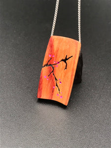 Hummingbird Necklace Wood Carving, Bird and Cherry Blossom Branch Wooden Jewelry