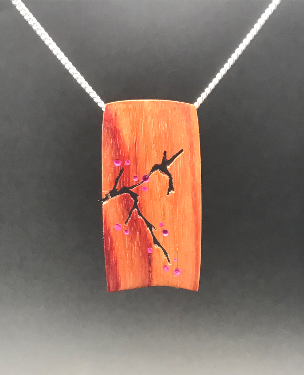 Hummingbird Necklace Wood Carving, Bird and Cherry Blossom Branch Wooden Jewelry