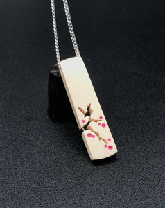 Song Bird Perched on Cherry Blossom Branch Pendant