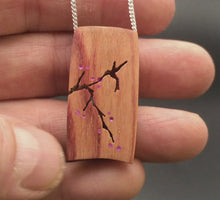 Load and play video in Gallery viewer, Hummingbird Necklace Wood Carving, Bird and Cherry Blossom Branch Wooden Jewelry
